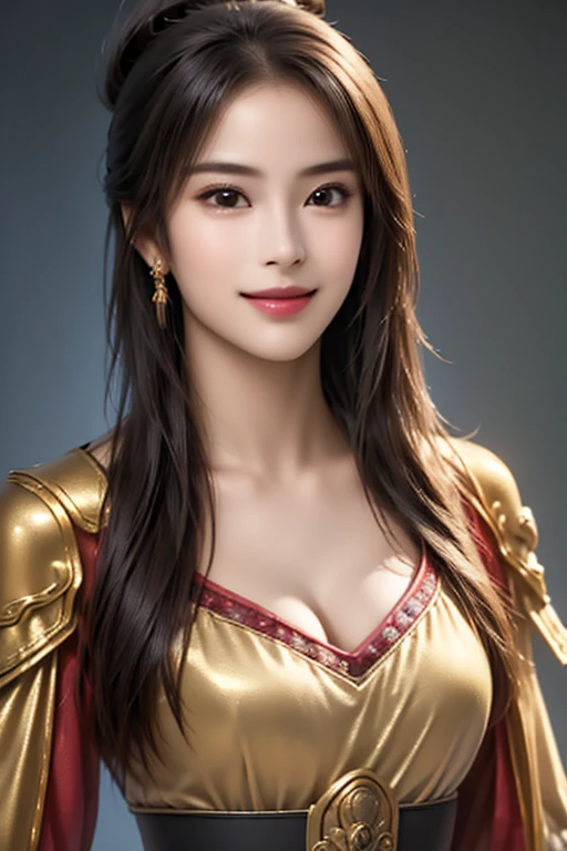 ((The upper body of a female warrior wearing golden armor and cloak:1.3)), 1 person,20th Generation, black hair, ponytail,((  Large Breasts and Cleavage Exposed  :1.1)),Symmetrical Normal Eyes   ,  High Definition Face and Skin Textures ,  cool face  ,  stare at the camera,   Chinese Warrior  ,  perfect beauty: 1.4, fine grain,   double eyelids in judo uniform ,  whitening for women with bristles, top quality,  super high resolution  , simple background,((  slim waist  :1.4)),  hair ornament:1.3,