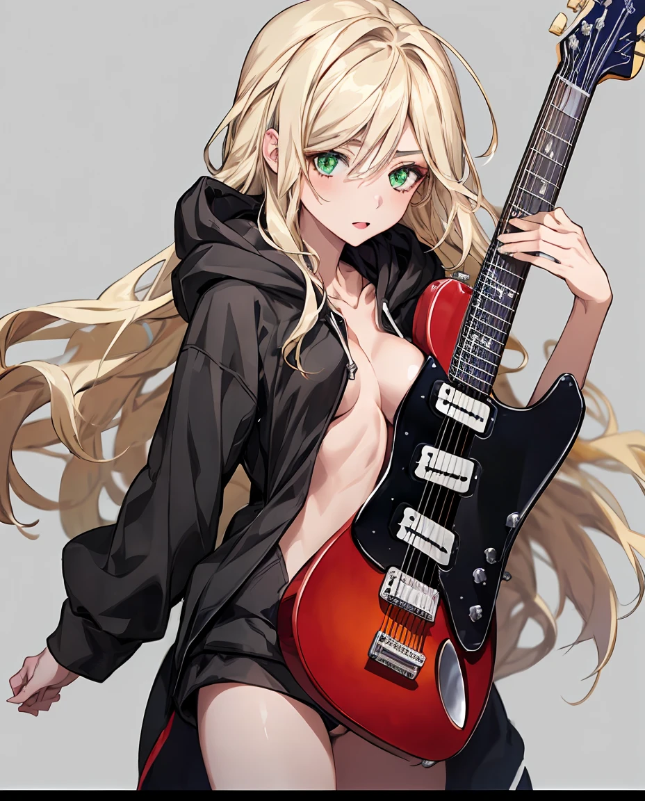 (​masterpiece:1.2、top-quality), (1 Lady、Solo、The upper part of the body:1.2), hair:poneyTail, Clothing:Riders Jacket、Black Micro Bikini、Playing black electric guitar on the beach at night、Tanned skin、well-muscled、Meteor swarm、