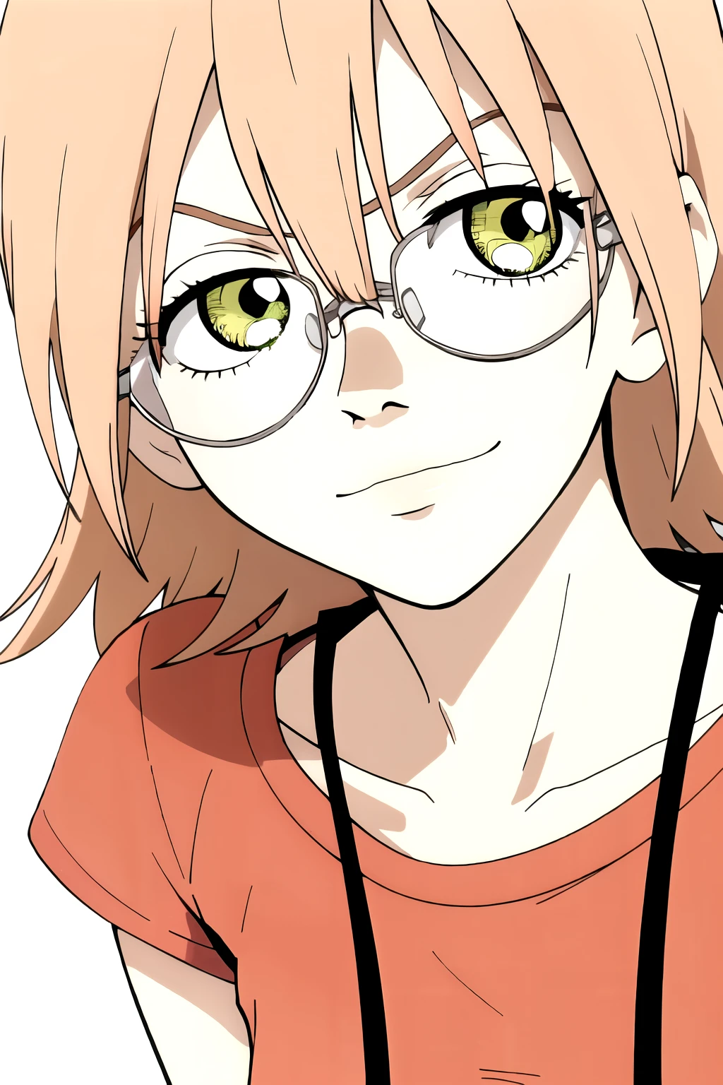 ((best quality)),((highly detailed)),masterpiece,absurdres,detailed face,beautiful face,(detailed eyes, deep eyes),1girl,((dynamic pose)) ,   haruko, round glasses, yellow eyes, blonde hair, short hair, t-shirt, long shorts, looking at viewer, smirk.