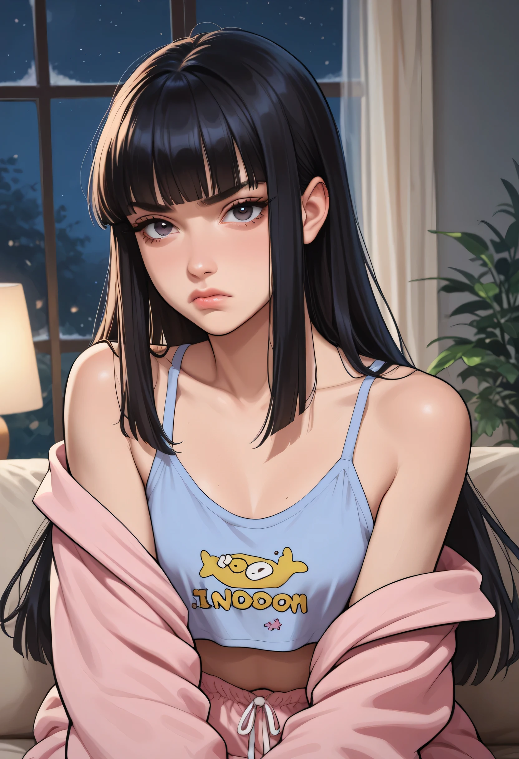 1girl, annoyed expression, pastel colores pajama topped crop, DARK HAIR, hime cut, looking at viewer, livingroom back. (Slim Body), portrait. (NIGHT:1.4)