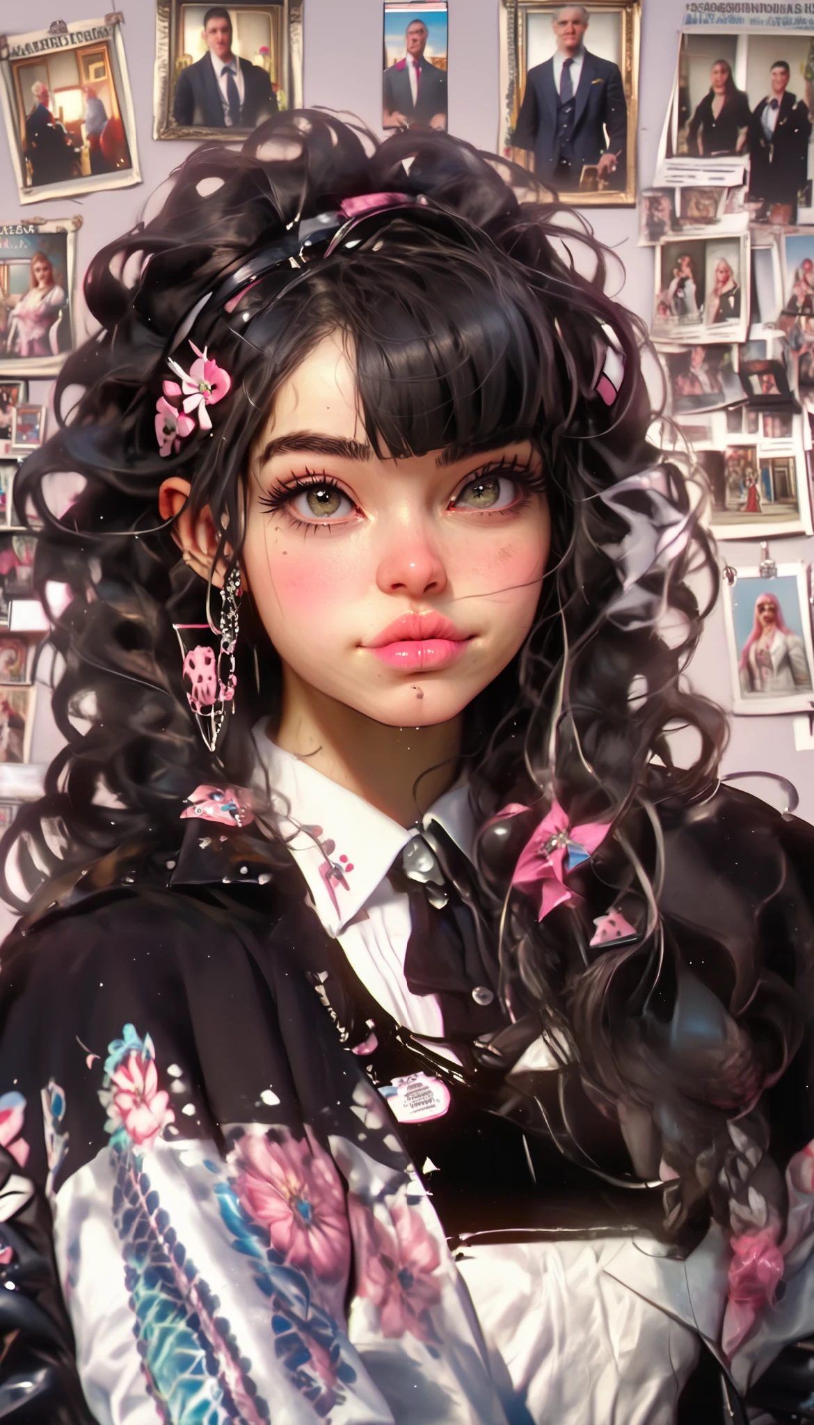 a depressed 20 year old woman, thick lips, black leather jacket open at the chest, long straight black hair, rosy cheeks, pink lips, hime cut hairstyle, simple background, (best quality,4k,8k,highres,masterpiece:1.2),ultra-detailed,(realistic,photorealistic,photo-realistic:1.37),HDR,UHD,studio lighting,ultra-fine painting,sharp focus,physically-based rendering,extreme detail description,professional,vivid colors,bokeh,portrait