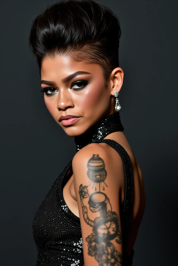 ((zendaya:1.88)), full body shot, side view, looking viewers, An Award-Winning Masterpiece (photorealistic), photograph, vogue,  Gothic Maximalist Elegance
With Stunning Surrelistic Tattoos, 
                             (((metallic ominous war))) [in the style of photorealistic:0.4] ral-dissolve, surrealist fantasy, with a Maximalist Style. figure complète hyperréaliste, vetement style musique electronique, ultraRéaliste, hypermaximaliste, Moteur irréel, POINTU, détaillé, méga réalisme, 4K, or 8K, Réaliste, hyperRéaliste, realistic face... sexy pose... detailed expression....