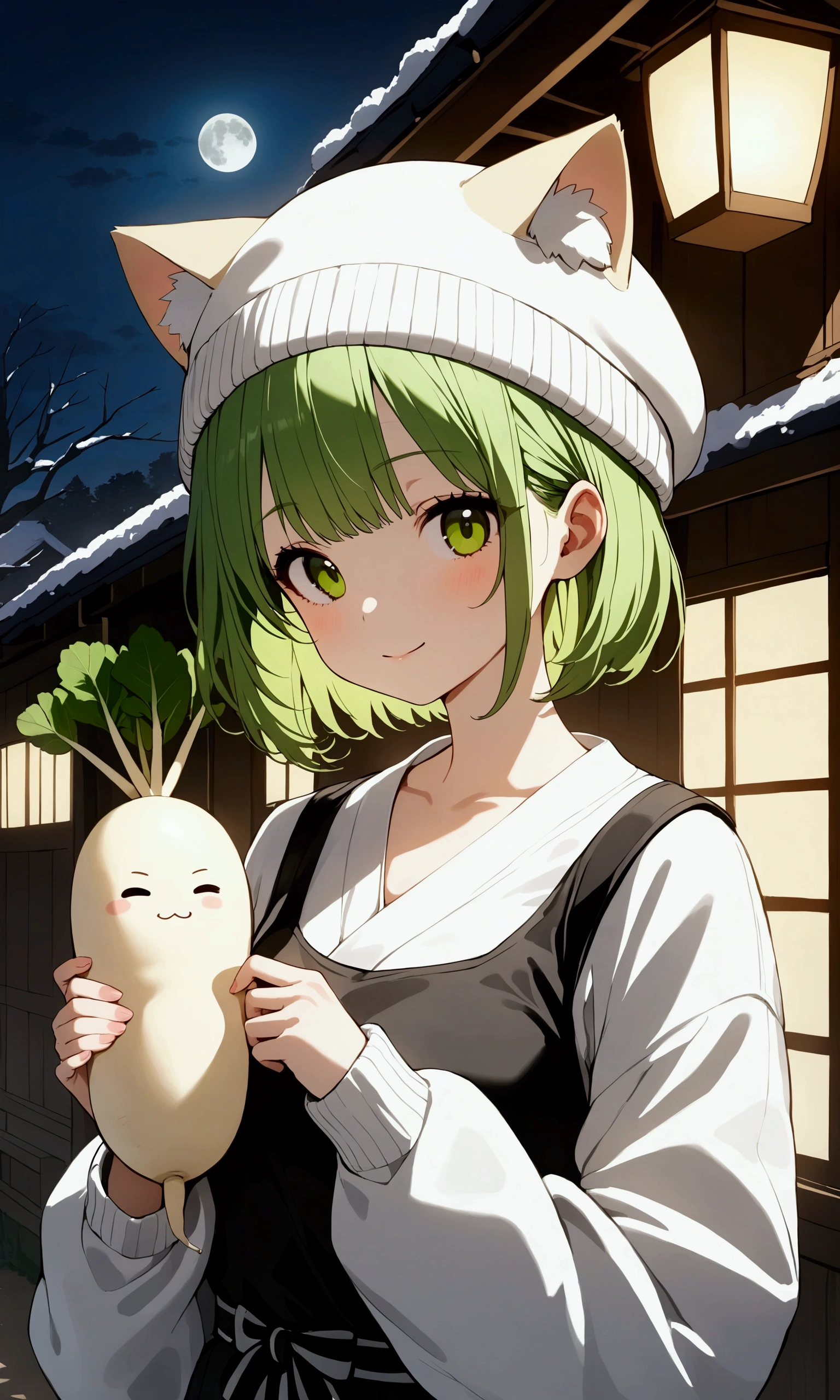 masterpiece,a cute girl( bright green hair, short hair,girl knitting cat ear knitted hat ,girly winter outfit ）, she is beside  a daikon character(a Japanese white radish character that has leaves),full moon,Rural townscape