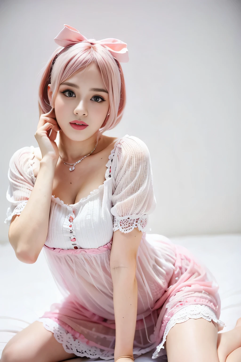 Super delicate cute girl wearing a Lolita dress with pink hair, posing doggy style. 8K ultra-high image quality, delicate texture, pure white background.