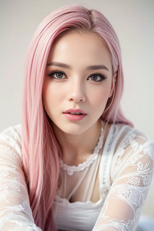 a cute girl with pink hair wearing a lolita dress,posed in a doggy style,high quality detailed 8k,delicate texture,pure white background,masterpiece,photo-realistic,hyper detailed,beautiful detailed eyes,beautiful detailed lips,extremely detailed face and eyes,long eyelashes,intricate details,soft lighting,vibrant colors,elegant,whimsical,adorable