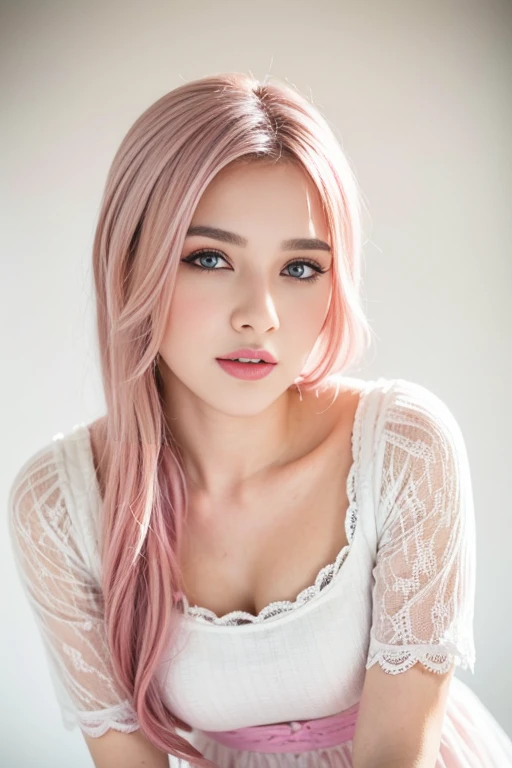 a cute girl with pink hair wearing a lolita dress,posed in a doggy style,high quality detailed 8k,delicate texture,pure white background,masterpiece,photo-realistic,hyper detailed,beautiful detailed eyes,beautiful detailed lips,extremely detailed face and eyes,long eyelashes,intricate details,soft lighting,vibrant colors,elegant,whimsical,adorable