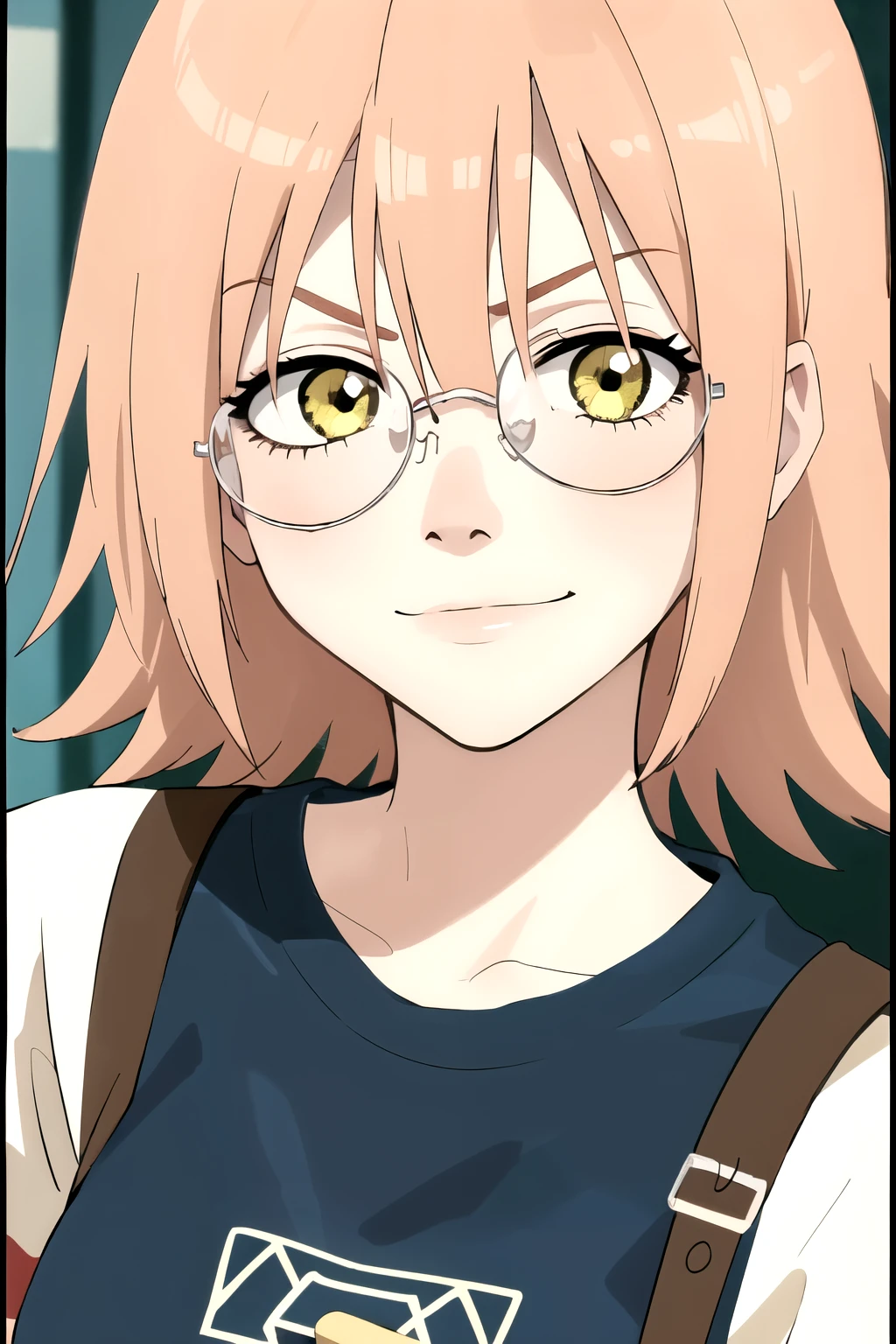 ((best quality)),((highly detailed)),masterpiece,absurdres,detailed face,beautiful face,(detailed eyes, deep eyes),1girl,((dynamic pose)) , haruko, round glasses, Korean glasses, yellow eyes, blonde hair, short hair, t-shirt, long shorts, looking at viewer, smile, smirk, standing up.