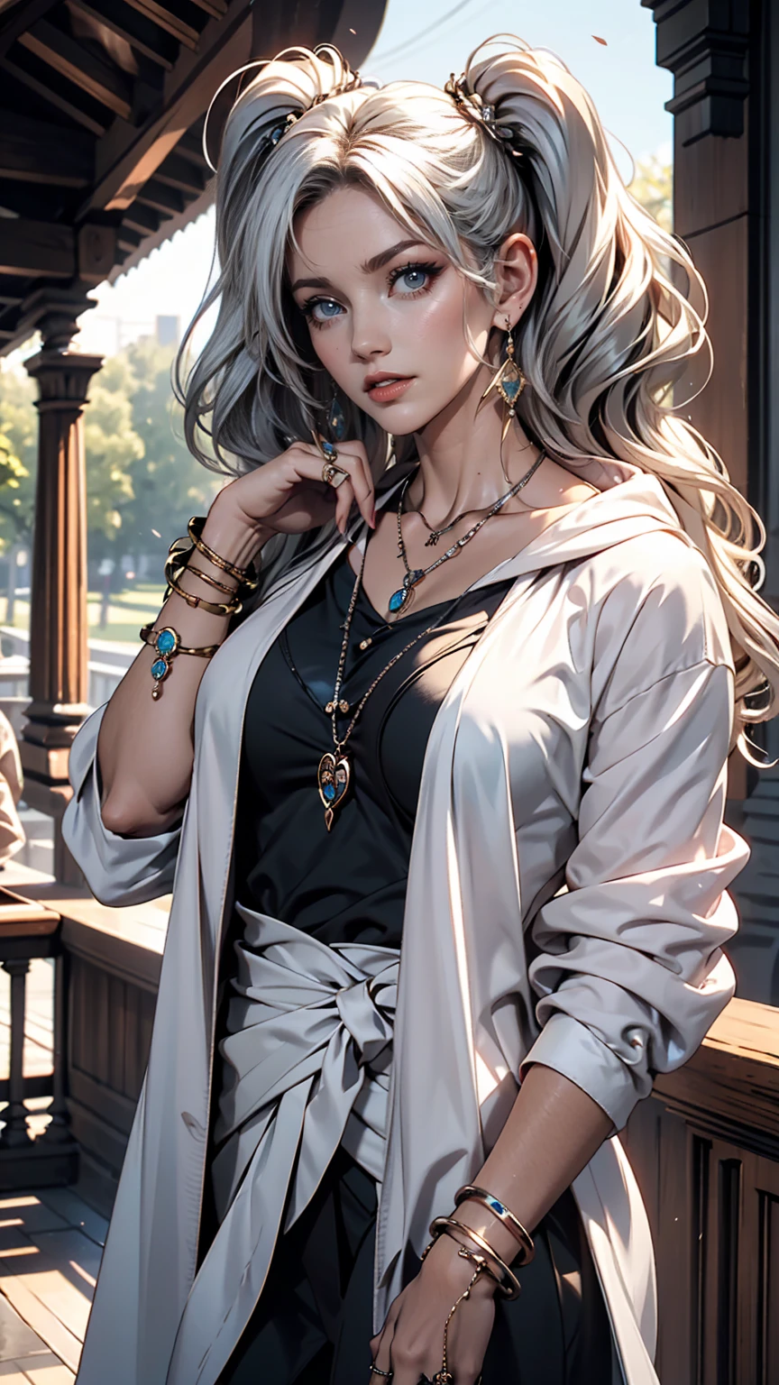 , Colossal,  Twin Tails ,  Silver Hair,  hoodie,  vintage gothic,  pose, cute,  raise your face,  High Quality ,  necklace, ring,  bracelet ,  earrings