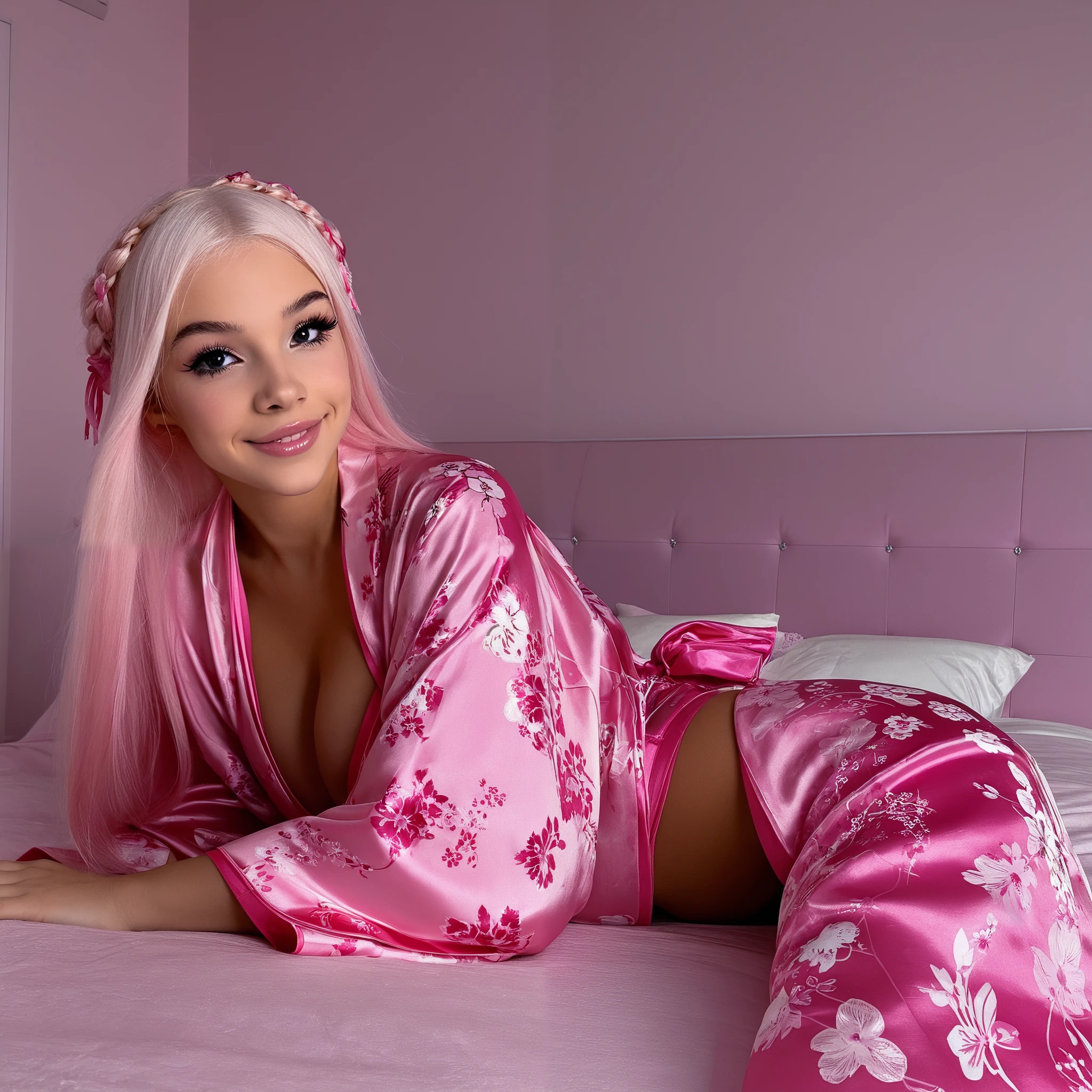 Stable_Yogis_PDXL_Positives  
score_9, score_8_up, score_7_up, score_6_up, 1girl, solo, long pink hair, natural look, wearing a loosely tied silk kimono with a hint of lace lingerie visible, large breasts, large buttocks, lying on her side on bed, head resting on one hand, looking at viewer with a seductive smile, blush, indoors, warm ambient lighting, minimalist bedroom, intimate and elegant vibe
