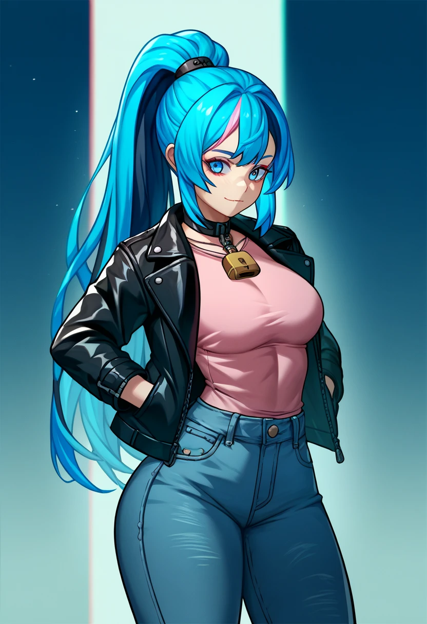 1girl,fei wu,blue hair ponytail, multicolored hair,red Lock,Black leather jacket,pink shirt, jeans blue