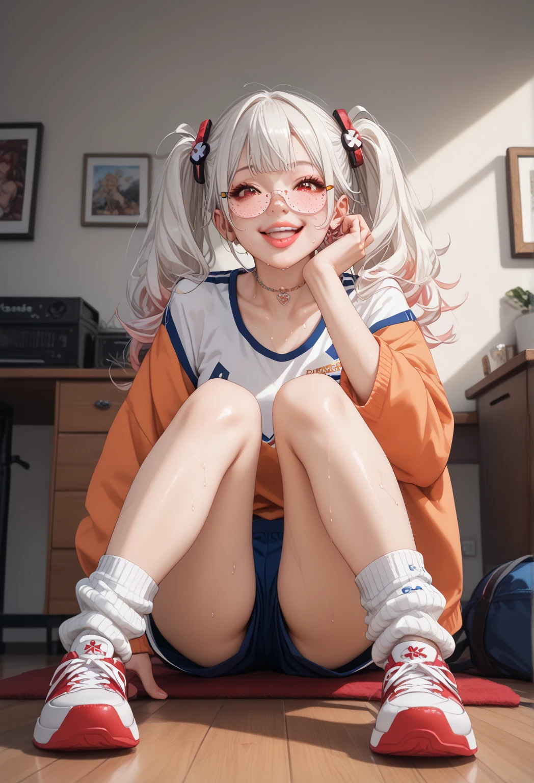 (1girl), red eyes, white hair, pigtails, freckles on nose, long hair,, x ornament, big lips, pretty lips,  gyaru hairstyle, 8K、4K,、high-level image quality、top-quality、supreme１People Girls,hightquality,A detailed face、A detailed eye、Detailed nose、Detailed mouth、 Beautiful expression, ((masuter piece)), ((High resolution)), ((Best Quality)), detail, (Excited face.Very happy,), ((Sweating、Lustrous skin)), (Sportsbra:1.2、sport shorts:1.3 loose socks:1.2 sneakers:1.2)、 girl with, a blond, (Half Twin Tail)、(((Sit up:1.3、Legs wide open:1.5)))、fair white skin:1.3、、Smaller chest, cinmatic lighting, perfectly shaded,(((girl's own room))), Realistic lighting with shades,Reflecting the whole body