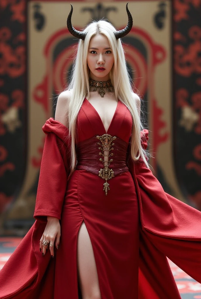 Ancient Japanese Queen Mother standing dressed in a red sexy ancient Japanese costume has small horns coming out of her head has sexy body and long pearl white hair with red eyes 