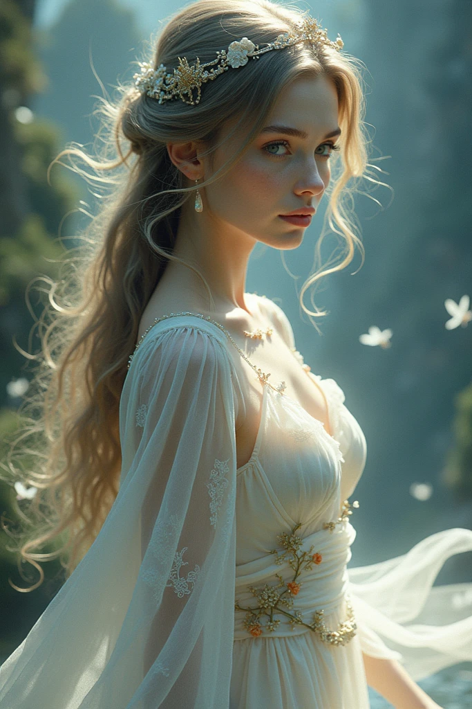 Best quality, the divine maiden sits in the grass. Summer. Open eyes, long blonde braids. grey open beautiful eyes. porcelan white glowing skin. transparent long veil with crystal. delicate, airy and translucent divine clothing. elements of crystal in robes. gold bracelets on arms. a lot of light. Sun rays. clarity. flower meadow. atmosphere of love. Open grey eyes.