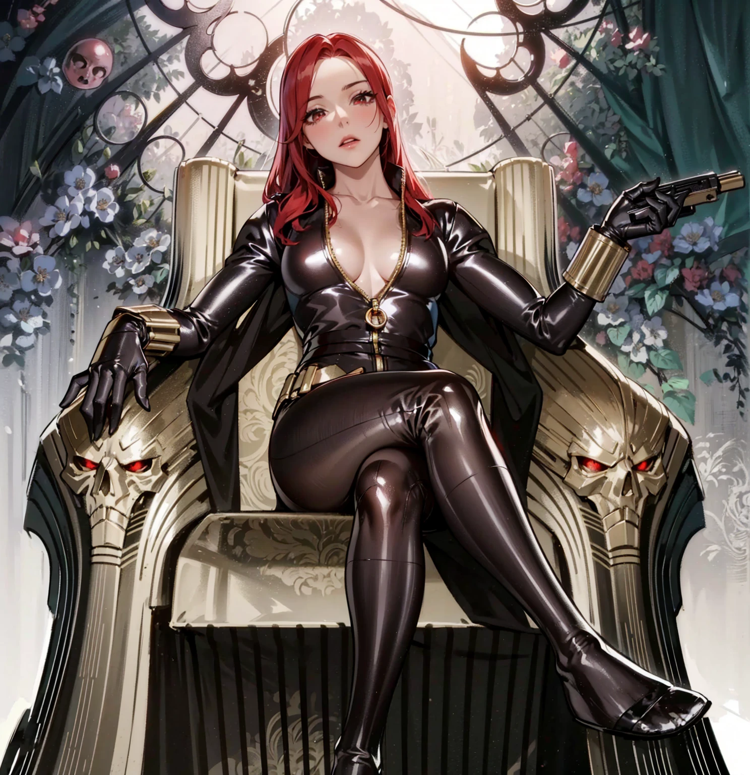 The image depicts a red-haired girl sitting on a throne. She sports a sleek skin-tight shiny black latex bodysuit with a deep-cut zipper neckline revealing a large chest, the silver zipper running down the front. The suit is complemented by her golden wrist guard on both wrists and a belt of shiny golden circles around her waist. The girl is portrayed as holding a gun in each of her hands, highlighting a sense of power and assertiveness. The backdrop consists of architectural features and the colour palette predominantly includes shades of gray.
