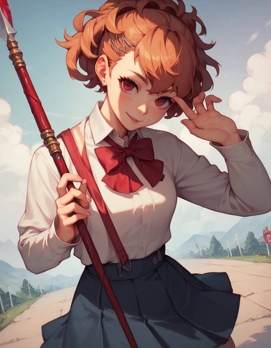 Girl, long sleeves, school uniform, spear, cool posing, good hand anatomy, good anatomy, perfect anatomy, female anatomy, Kotone Shiomi