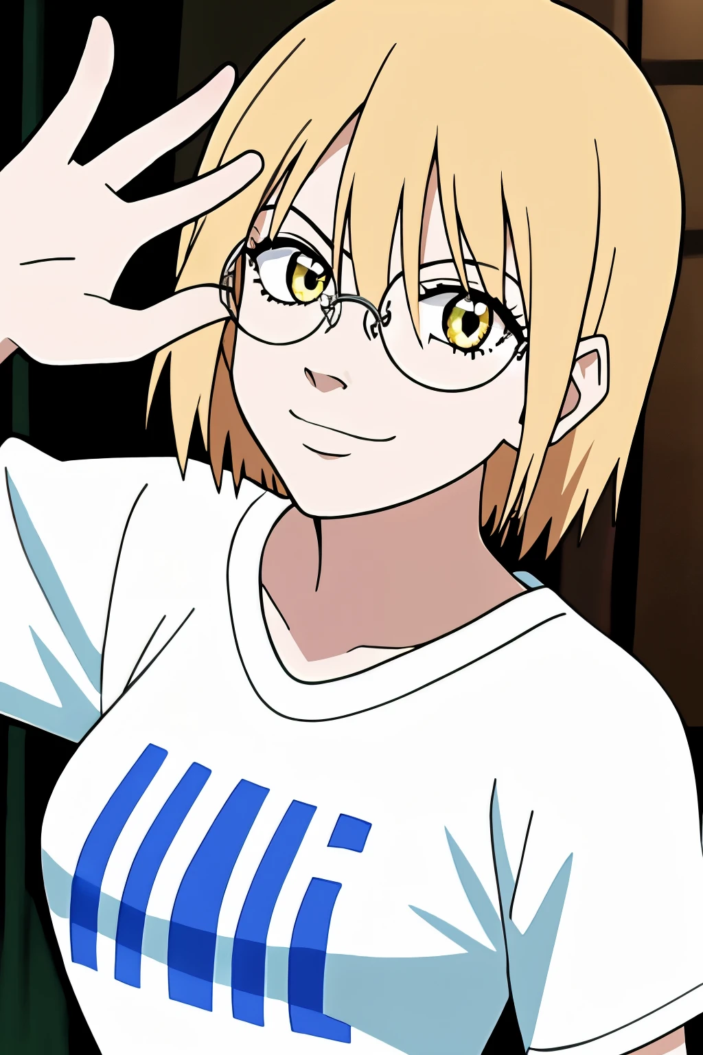 ((best quality)),((highly detailed)),masterpiece,absurdres,detailed face,beautiful face,(detailed eyes, deep eyes),1girl,((dynamic pose)) , haruko, round glasses, Korean glasses, yellow eyes, blonde hair, short hair, white t-shirt, long shorts, looking at viewer, smirk, standing up, full body