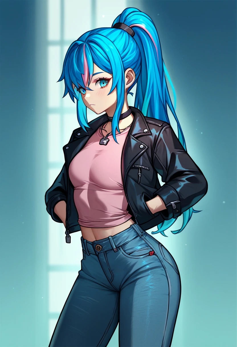 1 slim figure Young girl,fei wu,blue hair ponytail, multicolored hair,red Lock,Black leather jacket,pink shirt, jeans blue