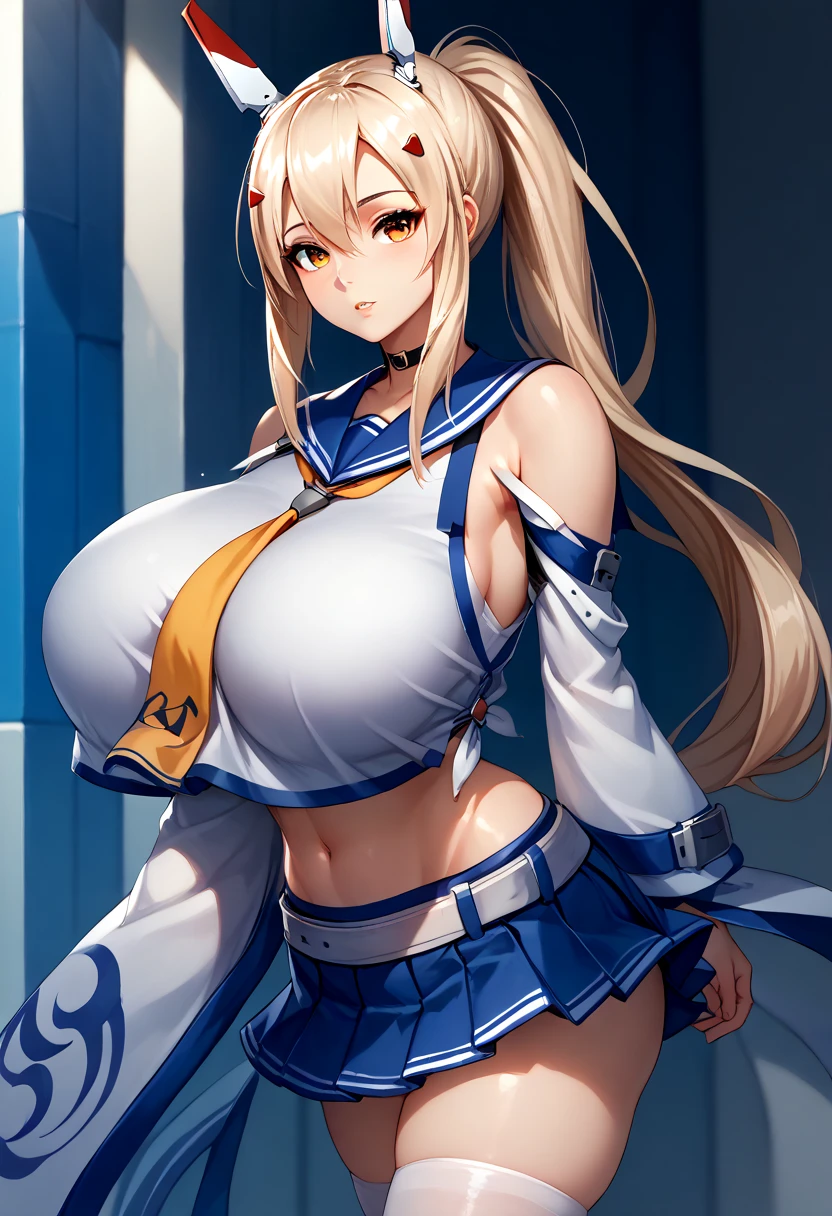 ayanami, orange eyes, blonde hair, long hair, sidelocks, ponytail, hair ornamentchoker, blue serafuku, yellow neckerchief, sleeveless shirt, white shirt, crop top, detached sleeves, wide sleeves, blue skirt, miniskirt, pleated skirt, white belt, white thighhighs, gigantic breasts