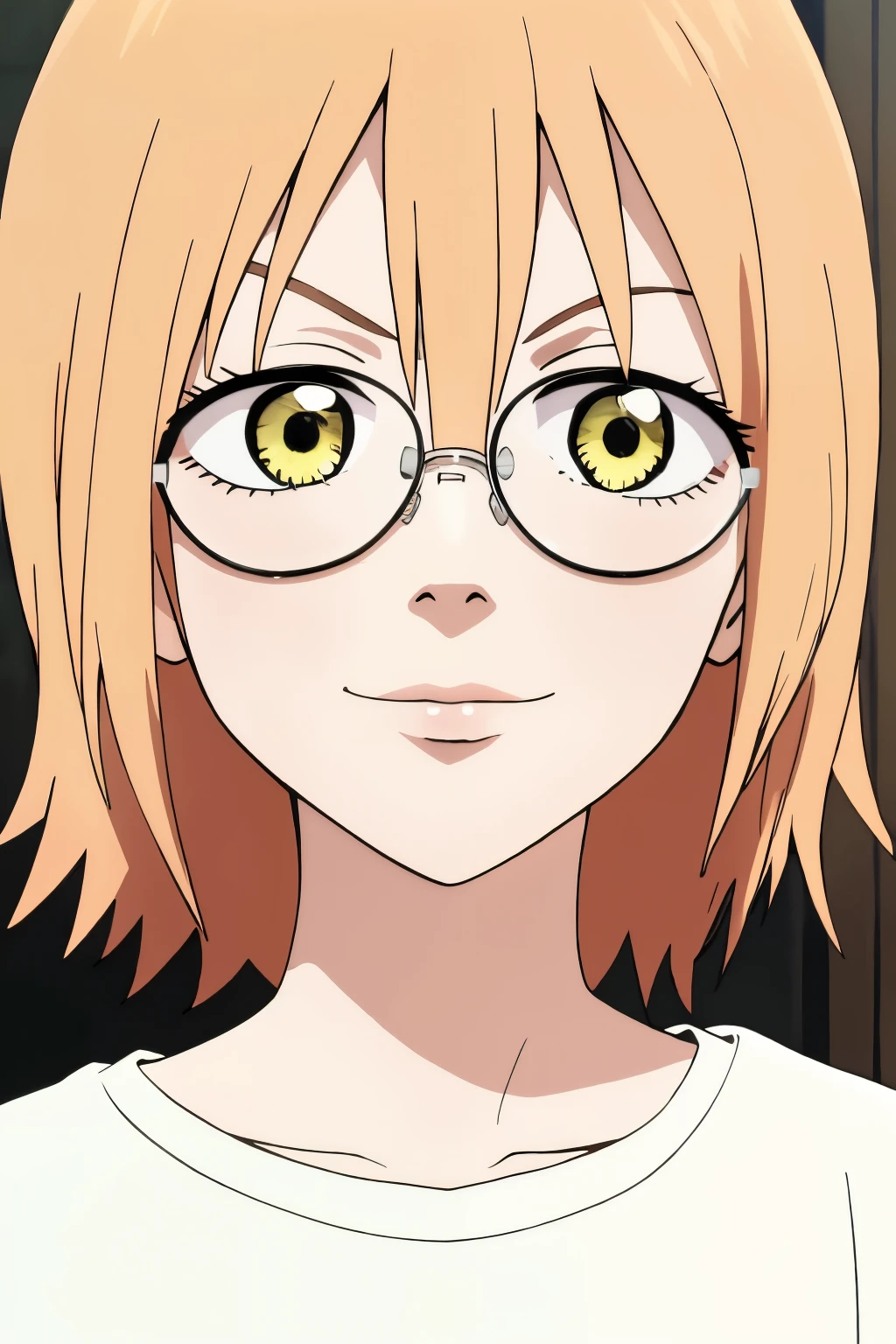 ((best quality)),((highly detailed)),masterpiece,absurdres,detailed face,beautiful face,(detailed eyes, deep eyes),1girl,((dynamic pose)) , haruko, round glasses, Korean glasses, yellow eyes, blonde hair, short hair, white t-shirt, long shorts, looking at viewer, smirk, standing up, full body