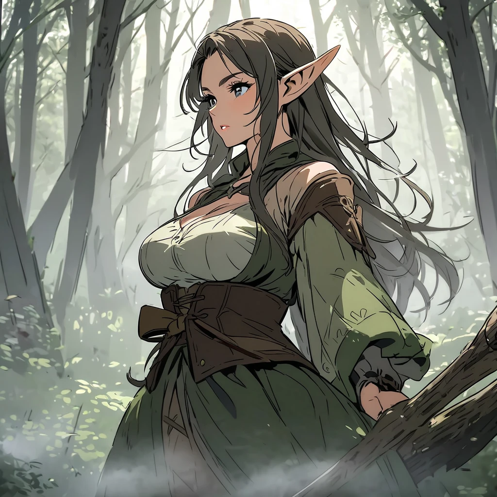 Delve into the heart of the forest with a photo of a captivating game character, a woodland elf with ebony black hair and alabaster skin. She is one with nature, harnessing the power of the ancient trees and mysterious creatures. The photo captures the essence of a nature-loving and mystical character, immersed in a world of ancient spirits and natural wonders. (Heart of the forest with captivating game character), (Ebony black hair and alabaster skin:1.2), (One with nature and harnessing the power of ancient trees), (Nature-loving and mystical character:1.3), inspired by ancient spirits and natural wonders,(((milf)))Mirirya