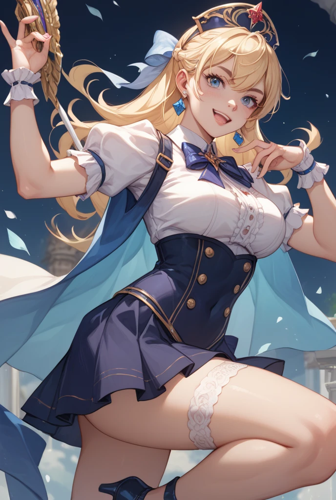 Wearing a black bikini、Wearing a hat and a sword, Wearing headphones,(masterpiece, best quality) detailed,silver accessories , Blonde ,elegant, Pointed ears ，Black shirt，Black pleated skirt，Double tail，Waist-length hair，Smile，Star decoration，Lace lace socks