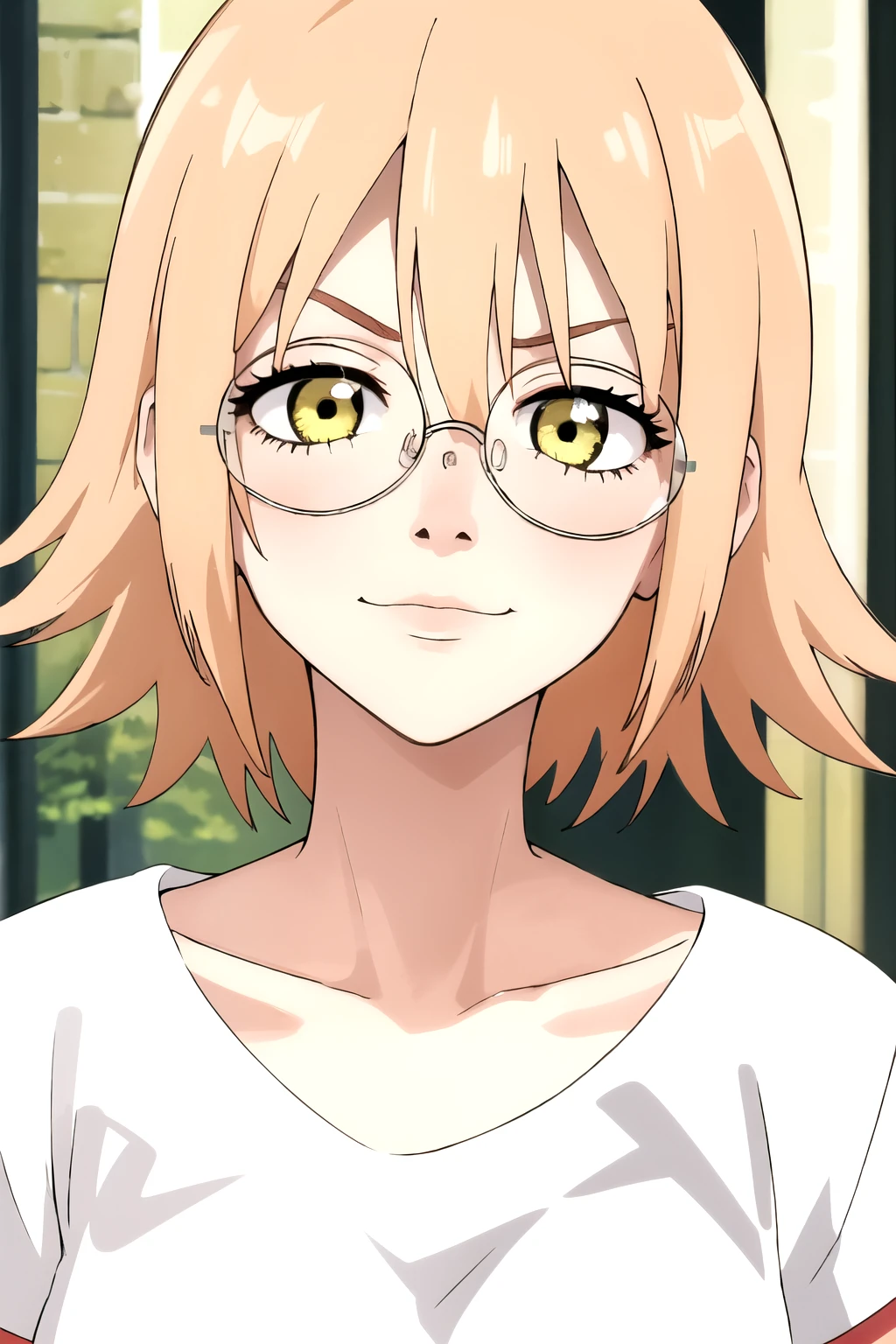 ((best quality)),((highly detailed)),masterpiece,absurdres,detailed face,beautiful face,(detailed eyes, deep eyes),1girl,((dynamic pose)) , haruko, round glasses, Korean glasses, yellow eyes, blonde hair, short hair, white t-shirt, long shorts, looking at viewer, smirk, standing up, full body.