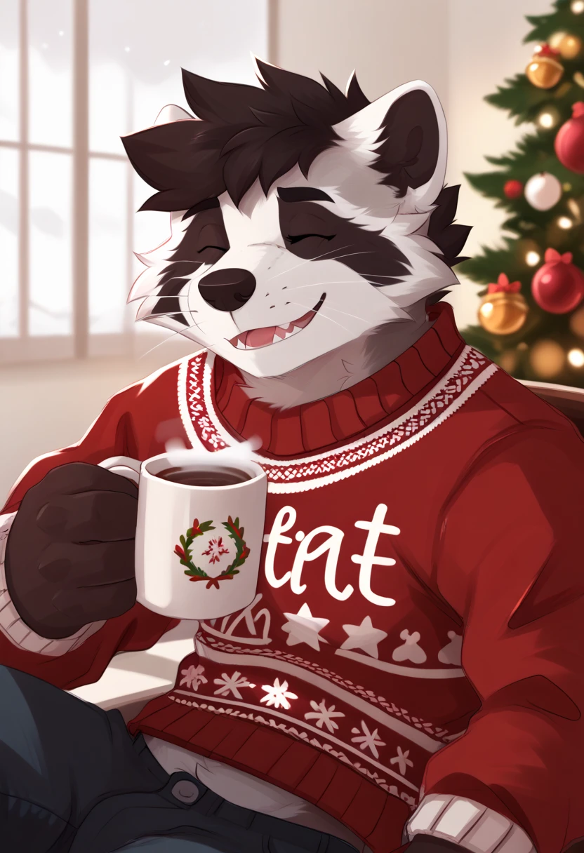 Author: pache riggs, Alone, raccoon,  looking at the spectator ,  short hair, ugly Christmas sweater,  with a cup of hot chocolate, smiling closed eyes , top frame 