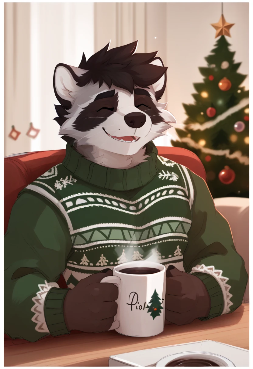 Author: pache riggs, Alone, raccoon,  looking at the spectator ,  short hair, ugly Christmas sweater,  with a cup of hot chocolate, smiling closed eyes , top frame 