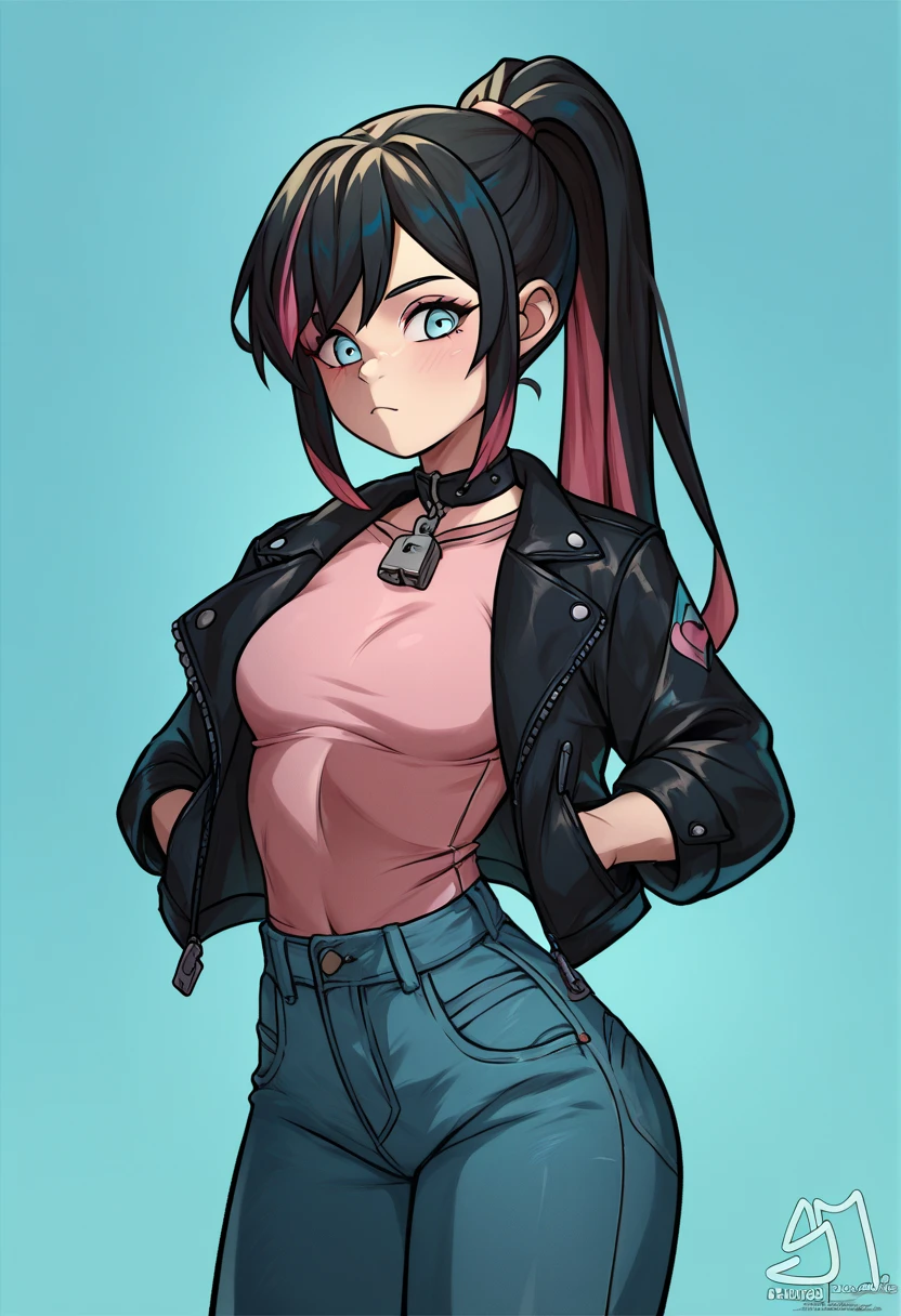 1 slim figure Young girl,fei wu,Black hair,ponytail, multicolored hair,red Lock,Black leather jacket,pink shirt, jeans blue, SemiDraws style)