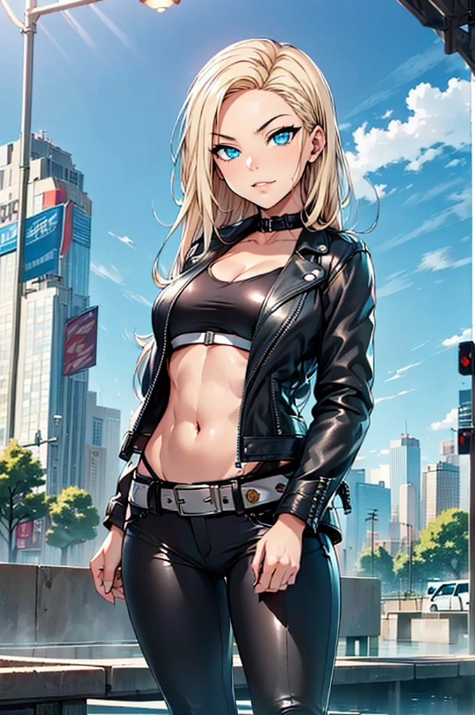 ((1girl, solo ,alone, (blue eyes, long hair, blonde hair, straight hair), smug)), ((solo, 1woman,  Extremely detailed, ambient soft lighting, 4k, perfect eyes, a perfect face, perfect lighting, a 1girl)), austere, ((fitness, , shapely body, athletic body, toned body)) , (( biker woman, rocker woman, punk woman, black jacket, leather jacket, black pants, leather pants, belt, city, park, square, trees, buildings, sunny day, smug, sunset))