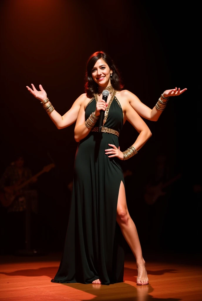 solo, 1girl, beautiful four-armed woman in a gold and green cocktail dress, (exotic dance), (mixed latina pretty woman), holding microphone on stage, toned thighs, full body view, playful smile, her upper left hand is open, her upper right hand is held out, her lower left hand is holding a microphone, and her lower right hand is on her hip, she wears a sleeveless revealing cocktail dress with a slit showing one leg and her long dark wavy hair is tied into a loose bun, she is wearing mismatched bracelets on all four of her arms, (woman with four arms:1.2), (with four arms:1.2), (woman with exactly four arms), barefoot, the soft warm light highlights her beautiful breasts, four shoulders, (lizzy caplan, kat dennings, padma lakshmi)