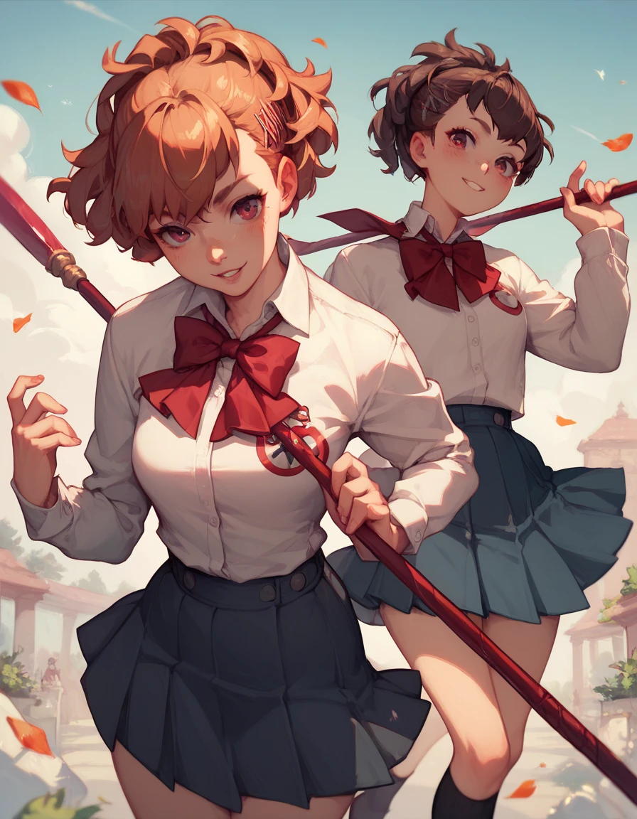 Girl, long sleeves, school uniform, spear, posing, good hand anatomy, good anatomy, perfect anatomy, female anatomy, Kotone Shiomi