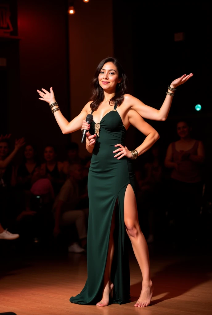 solo, 1girl, beautiful four-armed woman in a gold and green cocktail dress, (exotic dance), (mixed latina pretty woman), holding microphone on stage, toned thighs, full body view, playful smile, her upper left hand is open, her upper right hand is held out, her lower left hand is holding a microphone, and her lower right hand is on her hip, she wears a sleeveless revealing cocktail dress with a slit showing one leg and her long dark wavy hair is tied into a loose bun, she is wearing mismatched bracelets on all four of her arms, (woman with four arms:1.2), (with four arms:1.2), (woman with exactly four arms), barefoot, the soft warm light highlights her beautiful breasts, four shoulders, (lizzy caplan, kat dennings, padma lakshmi)