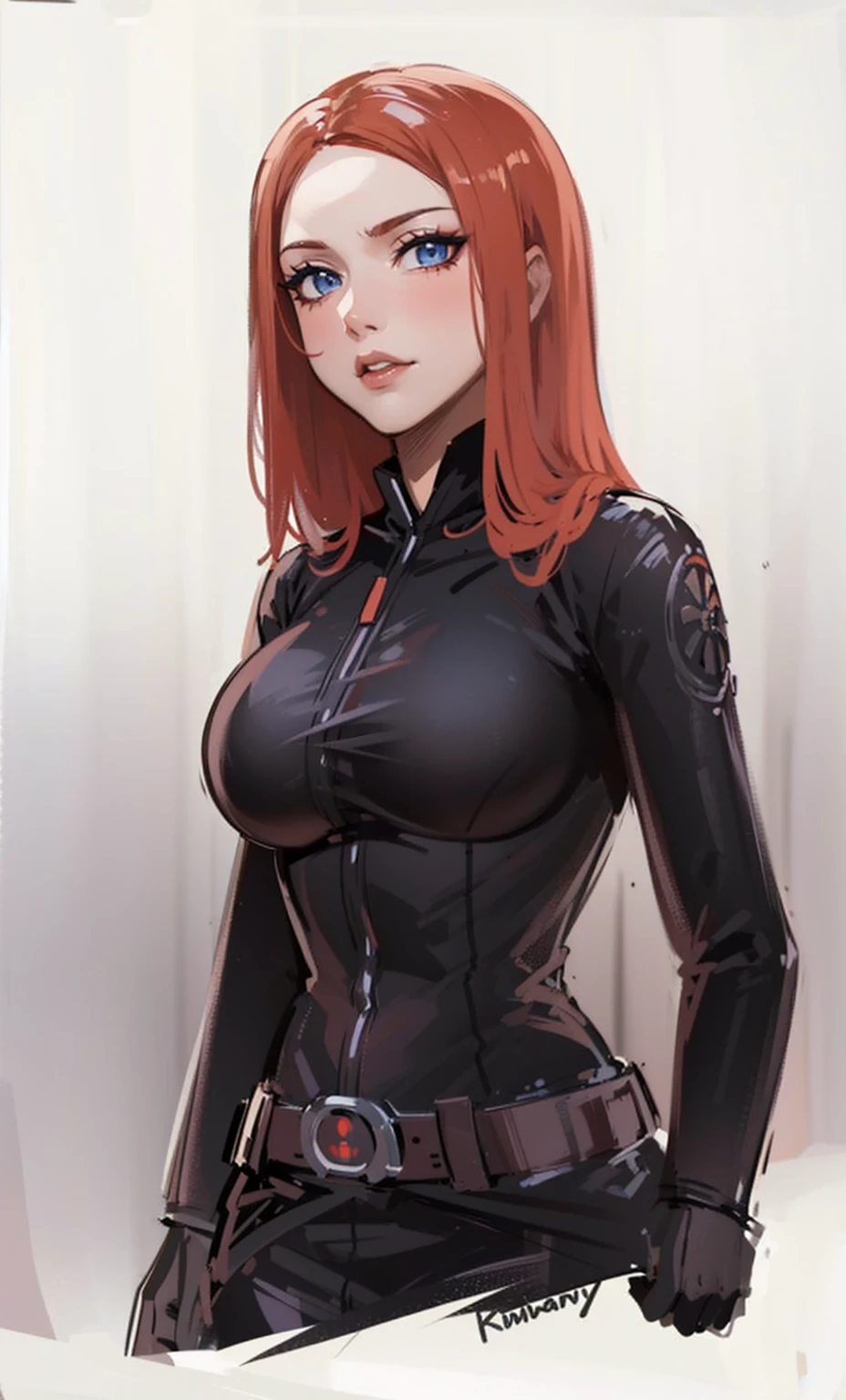 The image depicts Black Widow. She is illustrated with bright red, shoulder-length hair and blue eyes, and is clad in a sleek skin-tight shiny black latex bodysuit with a black silver zipper running down the front. The suit is complemented by her shiny iron wrist guard on both wrists and a metal belt with a buckle that features a red hourglass mark. Her gaze is intent and directed off-screen, implying alertness and focus on an unseen threat or target. She appears with a cute smile on her face. The atmosphere of the image conveys confidence and resilience, characteristics synonymous with the Black Widow persona. The background of the image is an off-white color, which creates a subdued and timeless ambiance.