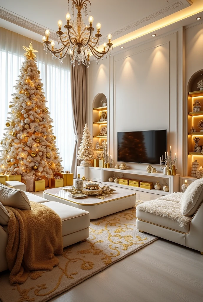 
Prompt:
A luxurious, grand living room with an elegant color scheme of mostly white and gold, decorated for Christmas. The room features high ceilings with large windows allowing natural light to pour in, illuminating the space. The walls are painted in a soft, rich white tone with gold accents around the trim and moldings. The floor is covered with a plush, light beige carpet with intricate gold patterns. In the center of the room, there is a large, white, furry sofa with plush cushions, adorned with golden embroidery. A golden furry mattress, soft and inviting, sits nearby, with an elegant throw blanket draped across it in golden hues.

In front of the sofa, there’s a stylish, modern TV mounted on the wall, surrounded by sleek white and gold shelving units that hold decorative items, vases, and subtle Christmas ornaments. The lighting in the room is soft and ambient, with crystal chandeliers hanging from the ceiling, their golden details sparkling.

A grand Christmas tree stands tall in one corner of the room, adorned with shimmering gold and white baubles, golden ribbons, and twinkling fairy lights. The tree’s base is surrounded by gold-wrapped presents, further adding to the festive atmosphere. Twinkling Christmas lights are draped elegantly across the windows, along the railings, and around the room, casting a soft, warm glow.

Additional decorations include a variety of gold and white ornaments, such as candleholders, reindeer figurines, and intricate wreaths hanging on the walls. A golden-framed mirror above the mantel reflects the soft light from the candles burning in gold holders on the mantelpiece, which is adorned with pine branches and small ornaments. Elegant, gold-patterned curtains frame the windows, creating a cohesive luxurious look.

There are several decorative gold and white pillows scattered across the sofa and mattress, enhancing the comfort and elegance of the space.The entire room exudes a feeling of opulence, warmth, and holiday cheer