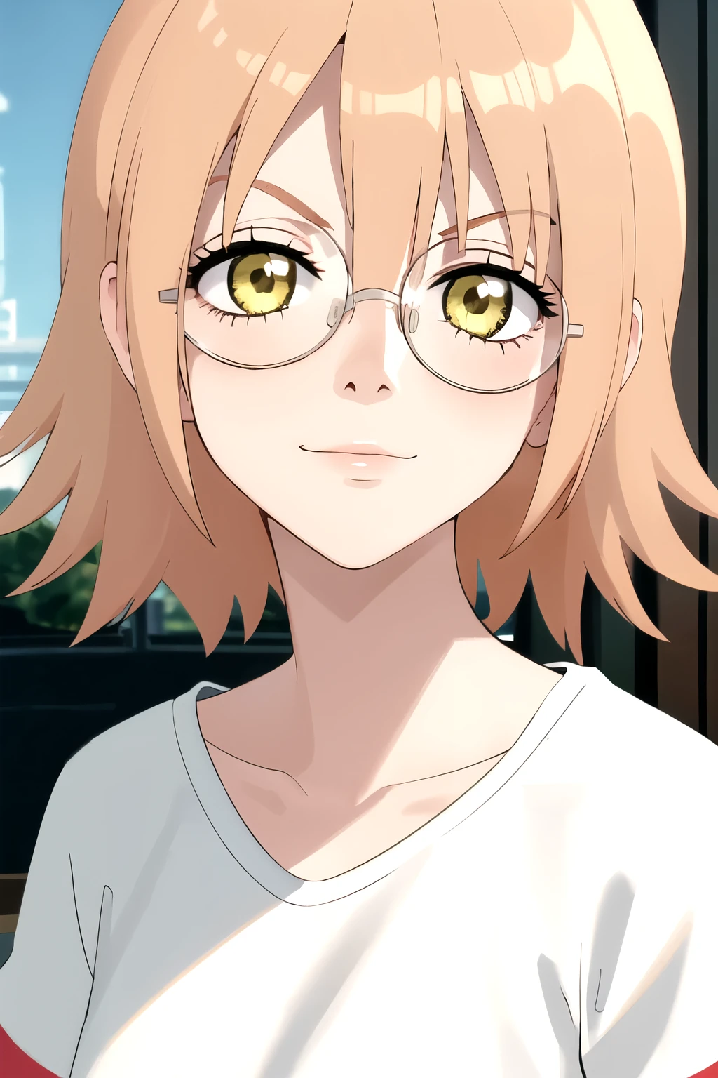 ((best quality)),((highly detailed)),masterpiece,absurdres,beautiful face,(detailed eyes, deep eyes),1girl,((dynamic pose)) , haruko, round glasses, Korean glasses, yellow eyes, blonde hair, short hair, white t-shirt, long shorts, looking at viewer, smirk, standing up.