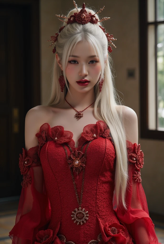 Ancient Japanese Queen Mother standing dressed in a red sexy ancient Japanese costume has small horns coming out of her head has sexy body and long pearl white hair with red eyes 