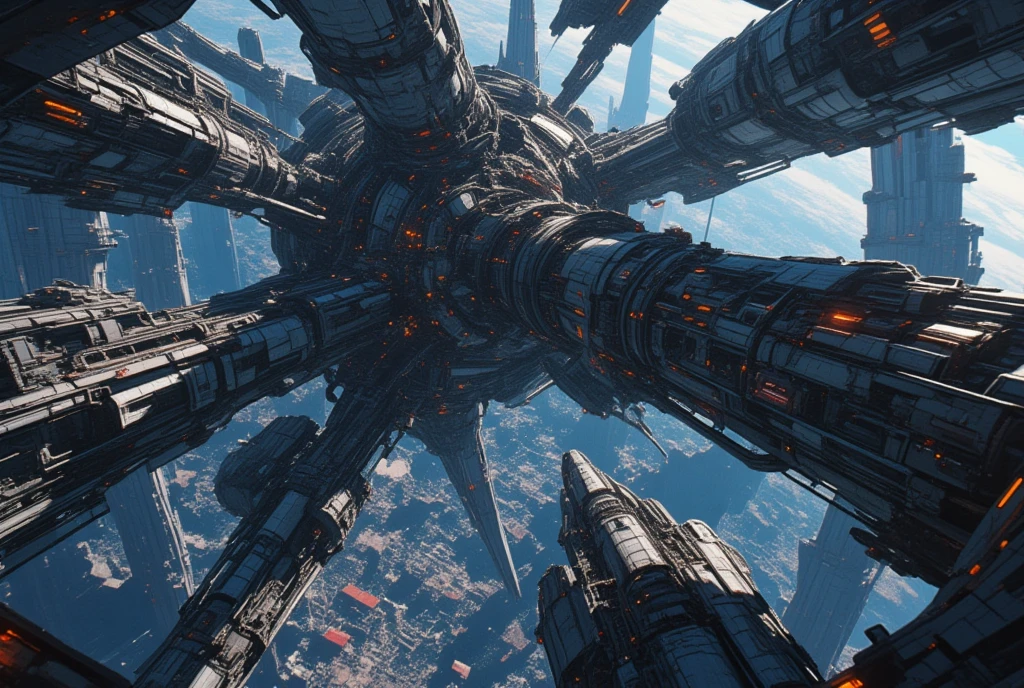 Huge structure\(space base,space station.3d,realistic,huge, gigantic, very detailed.great focus of station, beautiful bokeh, mechanical parts, cable, wires, machinery,dynamic angle,drifting galaxy,glowing, complex, labyrinth-like structure\),many space ships. masterpiece, best quality, perfect anatomy , very aesthetic , absurdres. at outer space,dynamic angle,Perspective distortion,telephoto, asymmetry,geographic