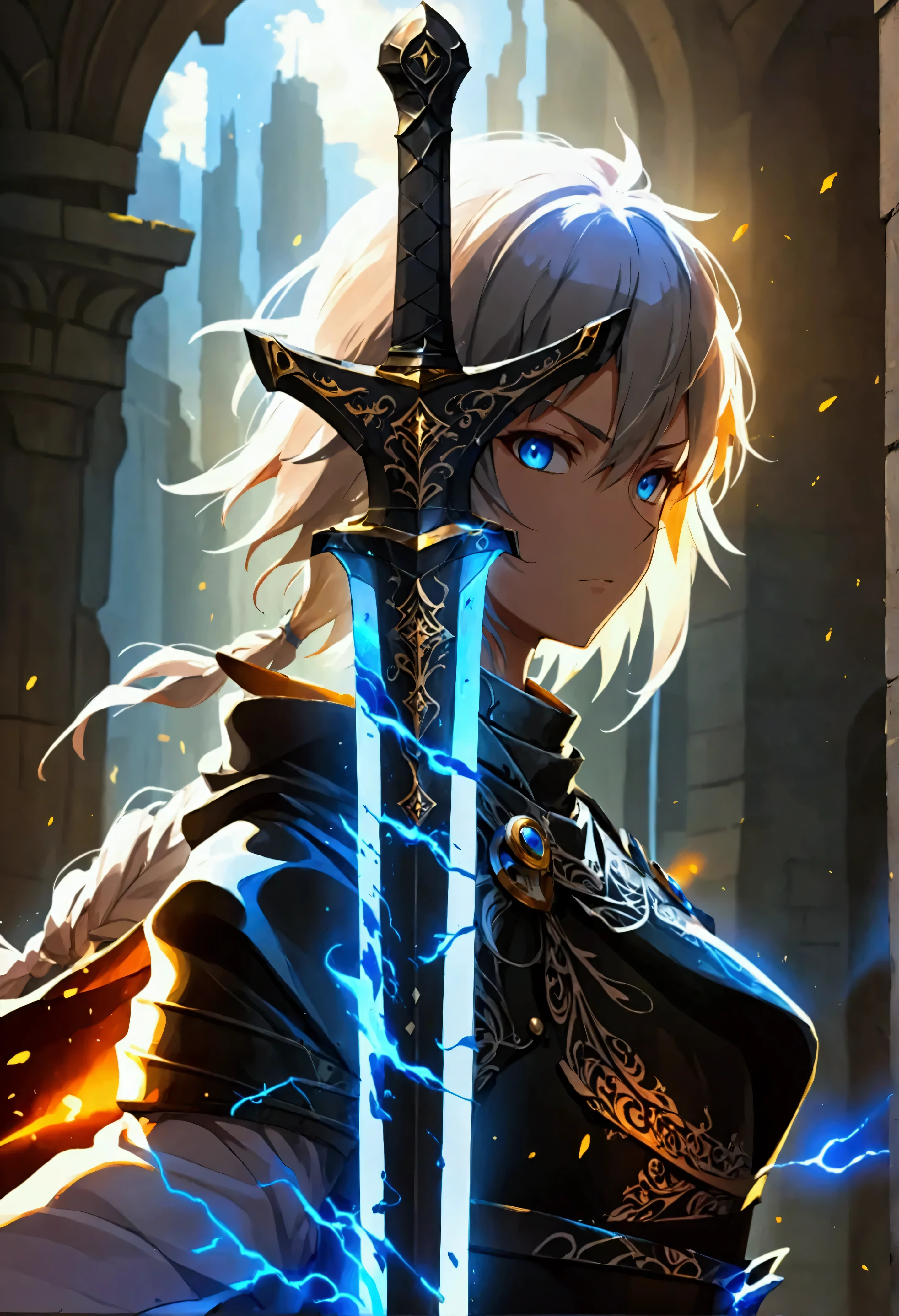 a black medieval sword with a black edge ,  from the edge come out blue rays of great power, (( dramatic studio lighting )), ((fine lines)), (( highly detailed )), (( Stunning graphics )), (( Detailed strokes )), ((atmospheric)), (( blurry background )), (( Ultra-thin 2D design )), (( Creative landscape )), (( highly detailed  anime painting)), (( Best Quality  2D strokes)), (( Best Quality )), ((  sharp focus)), (( high-octane representation )), (( 8K anime style )). black mate.