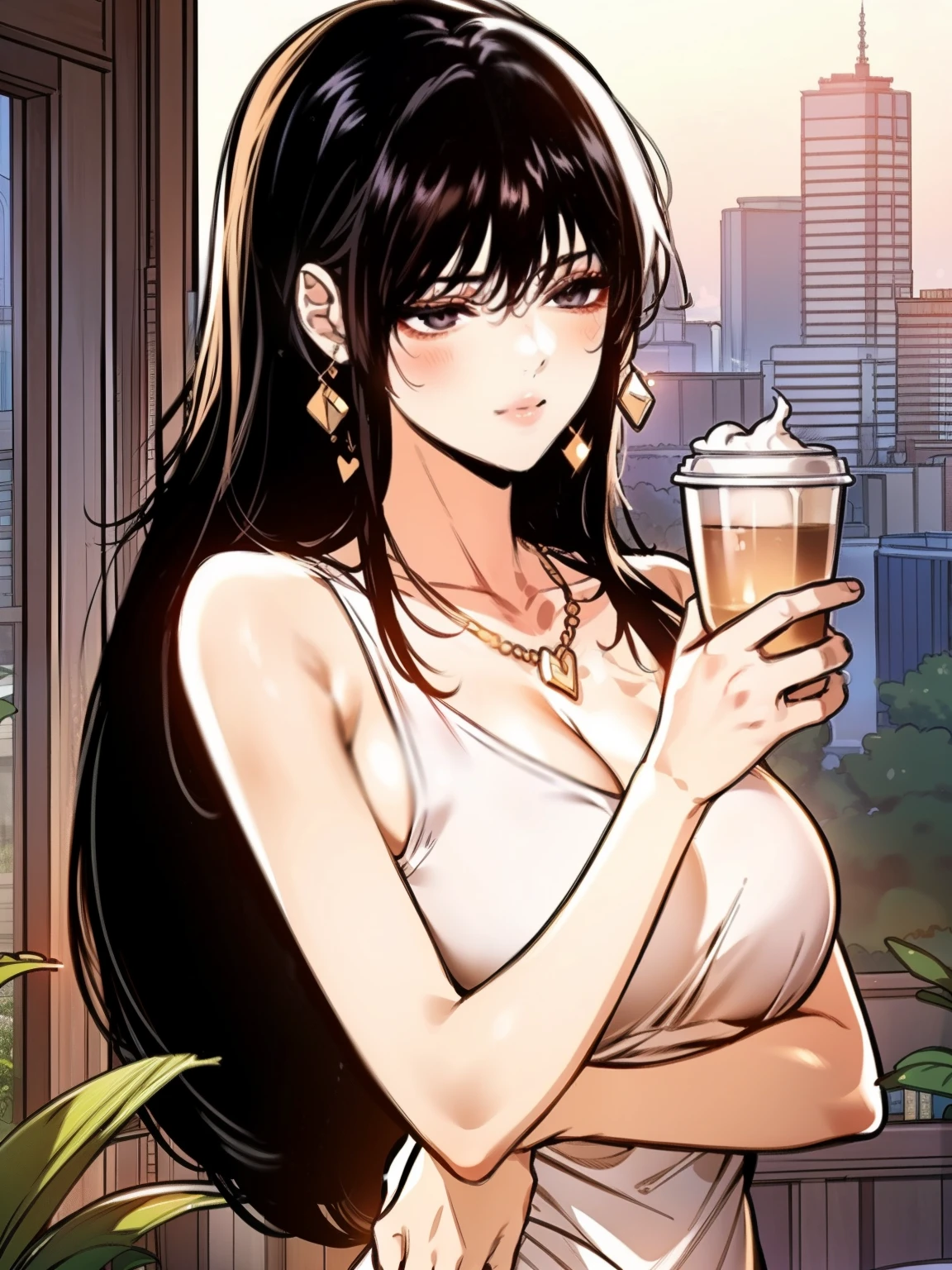 A young woman with long straight black hair and black eyes. She has a soft smile, glowing skin, and an elegant, relaxed posture. She wears a red sweater, paired with simple sandals. Accessories include small flower-shaped earrings, a delicate gold necklace with a heart pendant. She is holding a cup of coffee with one hand, standing casually on a cozy balcony at sunset. The background features potted plants, an open book, and a warm city skyline bathed in golden light. super fine face, super fine nose, super fine mouth, super fine fingers, super fine body, super fine hand, perfect body, golden ratio, good shape, muscular, super realistic