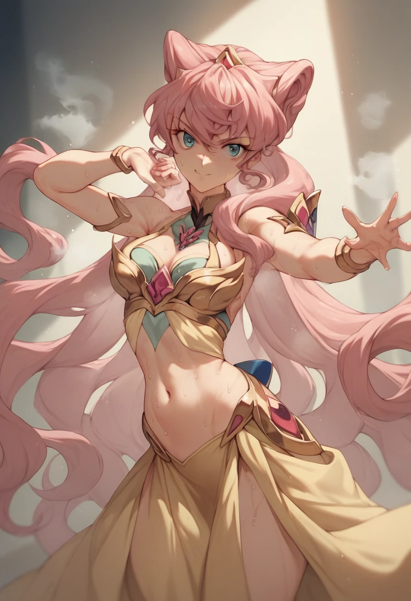 long hair, pink hair, maria cadenzavna eve, breasts, very long hair, anime coloring,looking at viewer, gold belly dance dress, sweat,steam,sexy dress, dancing pose