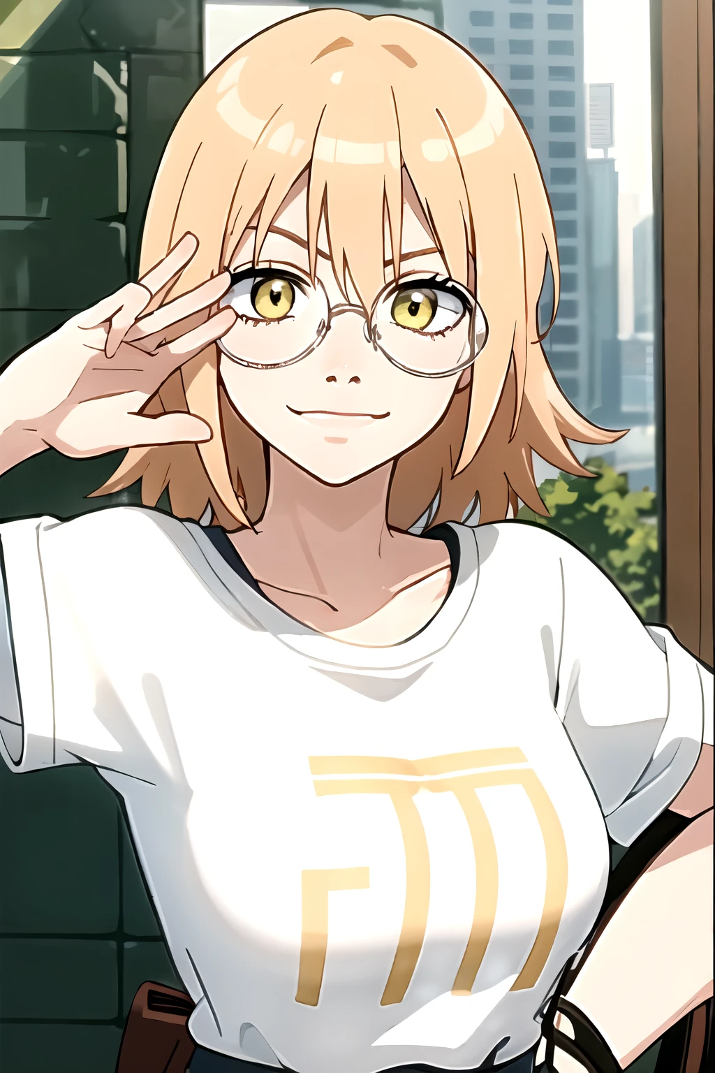 ((best quality)),((highly detailed)),masterpiece,absurdres,beautiful face,(detailed eyes, deep eyes),1girl,((dynamic pose)) , haruko, round glasses, Korean glasses, yellow eyes, blonde hair, short hair, white t-shirt, long shorts, looking at viewer, smirk, standing up, full body.