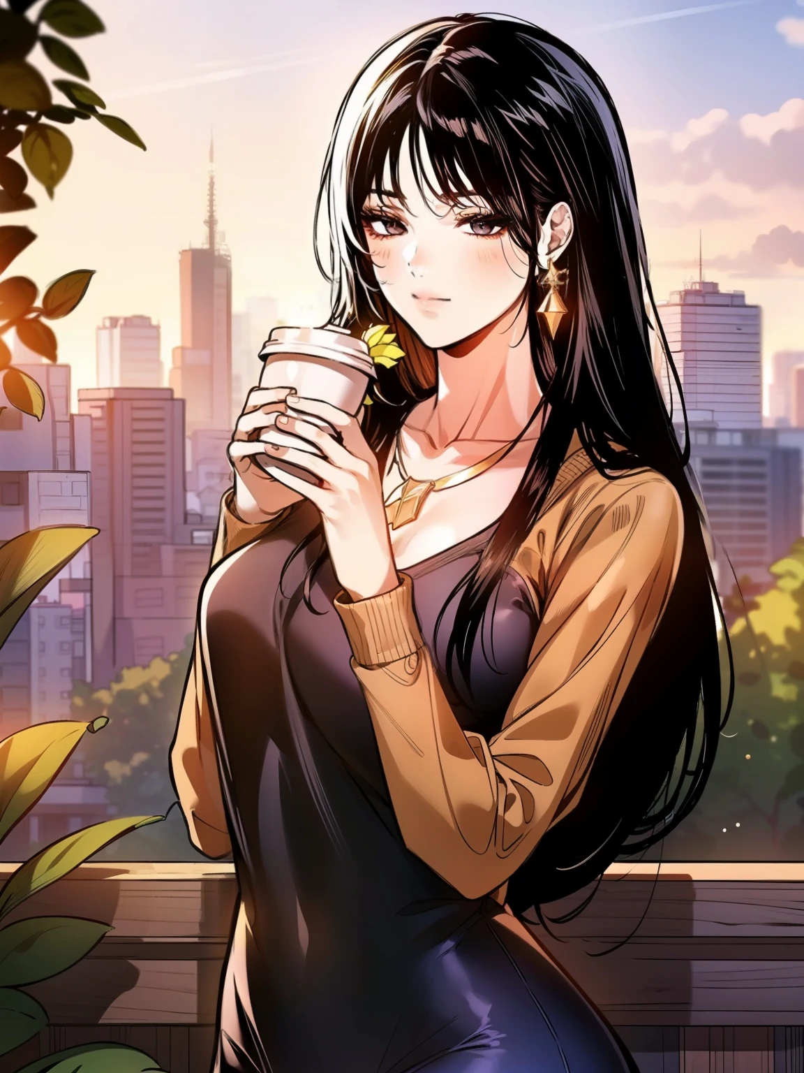 A young woman with long straight black hair and black eyes. She has a soft smile, glowing skin, and an elegant, relaxed posture. She wears a red sweater, paired with simple sandals. Accessories include small flower-shaped earrings, a delicate gold necklace with a heart pendant. She is holding a cup of coffee with one hand, standing casually on a cozy balcony at sunset. The background features potted plants, an open book, and a warm city skyline bathed in golden light. super fine face, super fine nose, super fine mouth, super fine fingers, super fine body, super fine hand, perfect body, golden ratio, good shape, muscular, super realistic