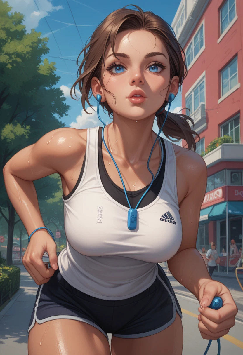 woman, cropped-fc, cleavage, sports bra, detailed face, colorful clothing, park, sky, trees