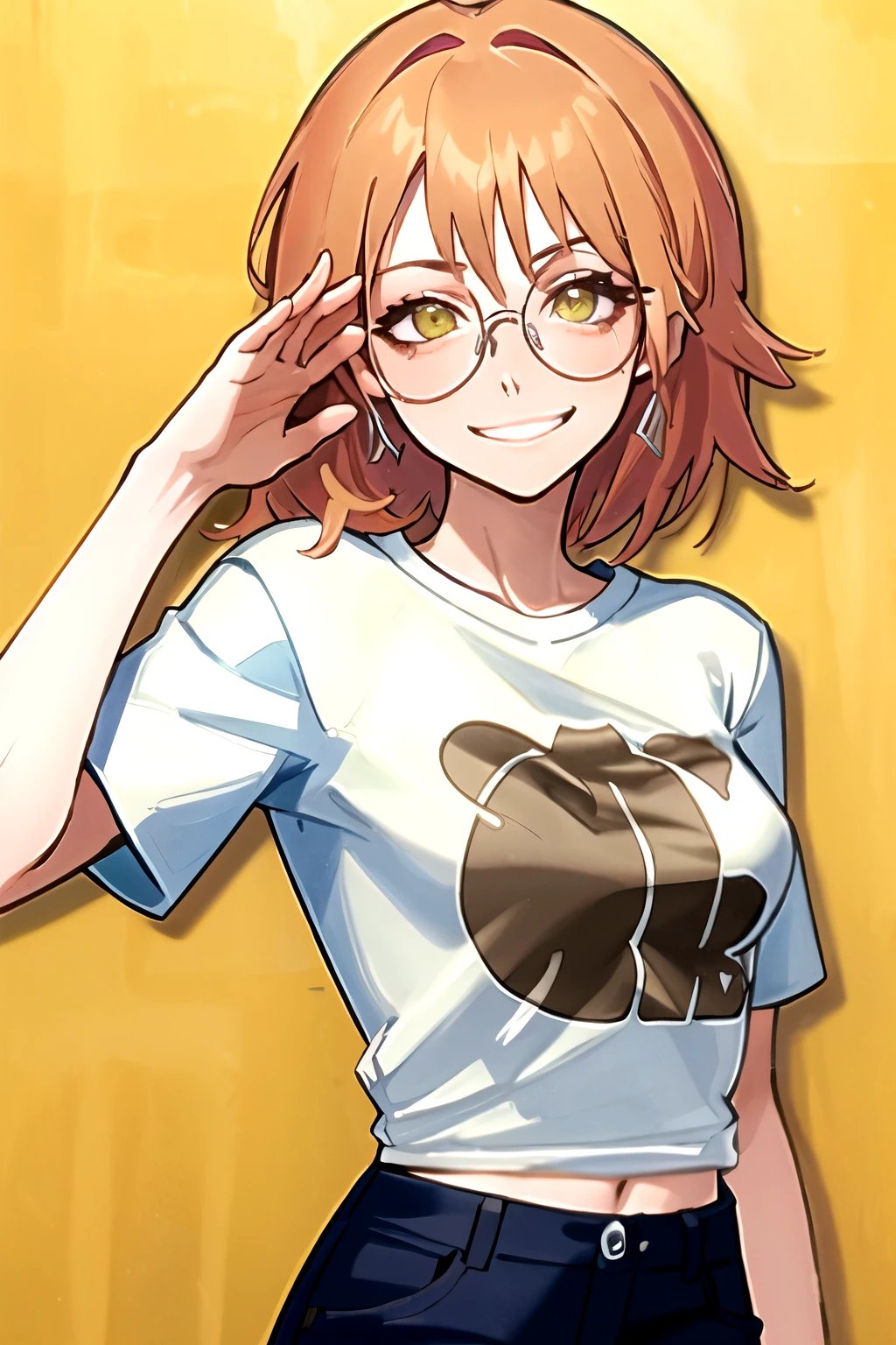 ((best quality)),((highly detailed)),masterpiece,absurdres,beautiful face,(detailed eyes, deep eyes),1girl,((dynamic pose)) , haruko, round glasses, Korean glasses, yellow eyes, blonde hair, short hair, white t-shirt, long shorts, looking at viewer, smirk, standing up.