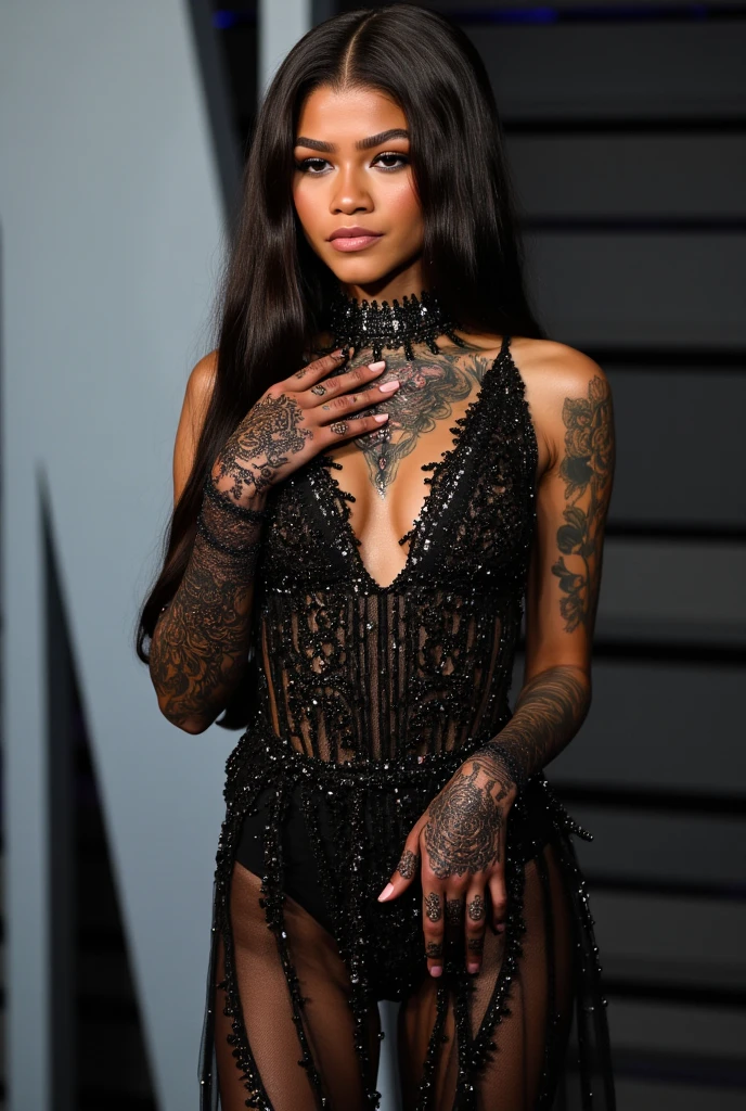 Generate a photorealistic, full-body portrait of Zendaya from the side, looking directly at the viewer. She is dressed in Gothic Maximalist attire, featuring intricate, dark clothing and accessories, combined with elements of electronic music fashion. Her body is adorned with stunning, surrealistic tattoos that add an artistic and fantasy touch. The image should be highly detailed, with a focus on mega-realism, suitable for a high-resolution output like 4K or 8K. Zendaya exudes elegance and confidence in her pose, which is both empowering and alluring. Her facial expression is detailed and conveys a sense of strength and mystery. The overall style should mimic a high-fashion Vogue photograph, combining realism with a touch of surrealism and maximalist detail.