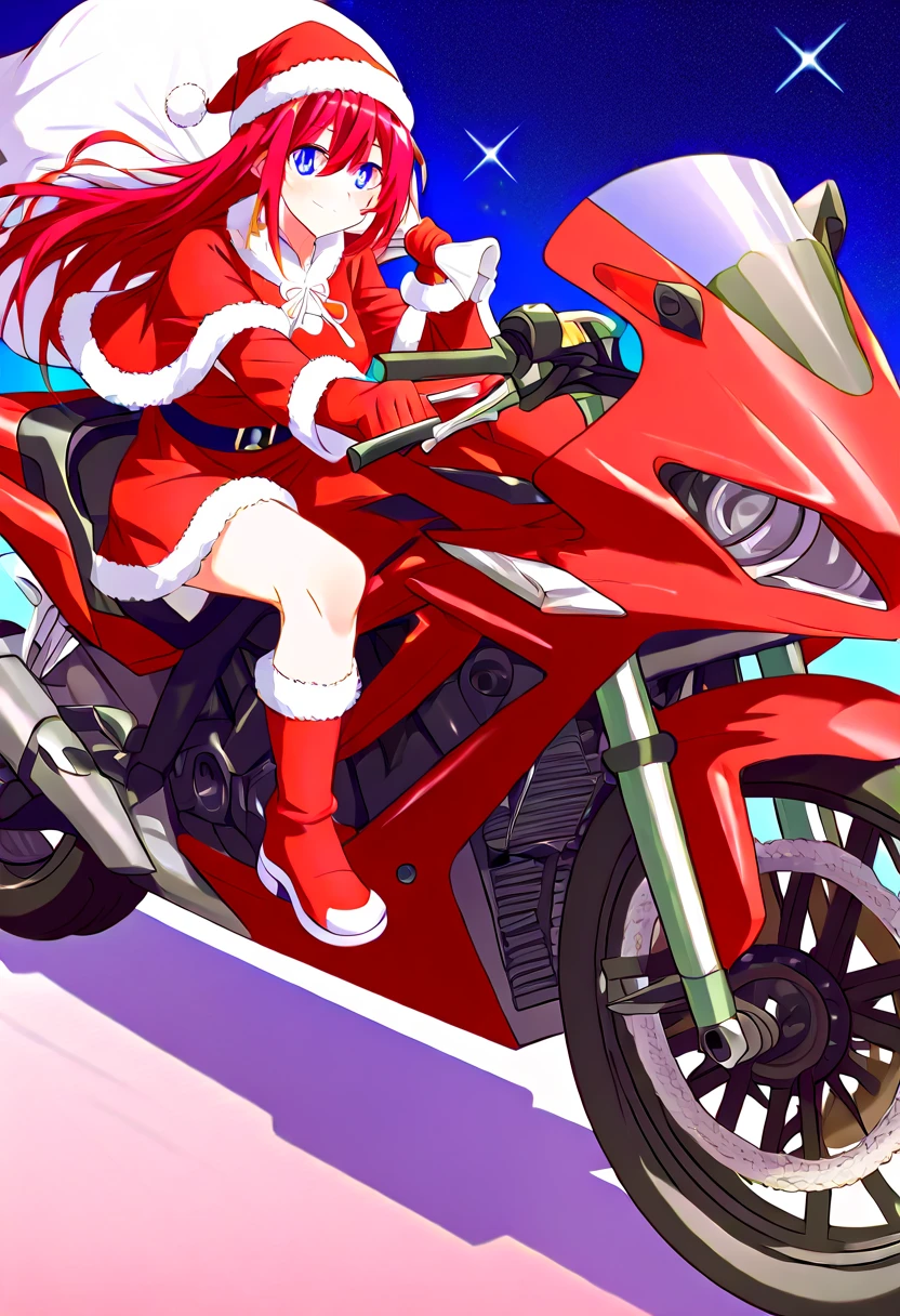 ((( beautiful female Santa Claus )))、((( woman is riding a huge red motorcycle)))、(((Motorbike is Christmas coloring ))),(((Carrying a big white bag)))、The image is、 rendered in a highly detailed physics-based style 、 and use smooth colors and textures 。 creates an ancient magical atmosphere with breathtaking night auroras and a background of the moon and starry sky。
