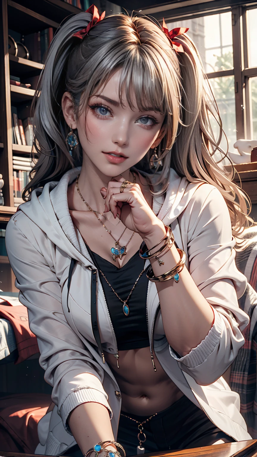 , Colossal,  Twin Tails ,  Silver Hair,  hoodie,  vintage gothic,  pose, cute,  raise your face,  High Quality ,  necklace, ring,  bracelet ,  earrings