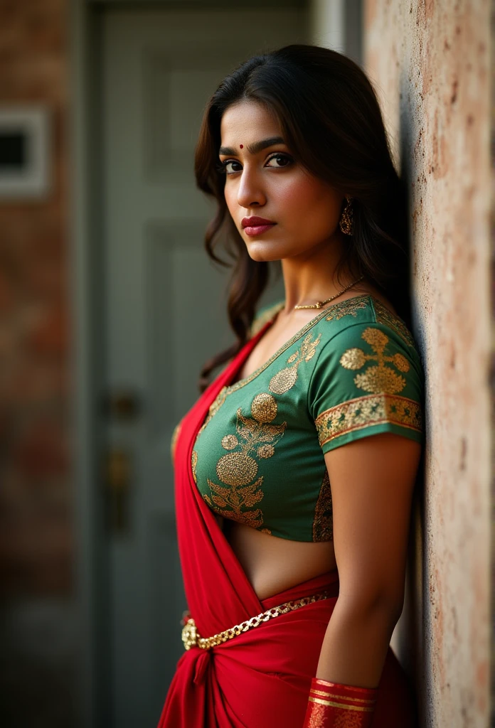 A indian prostitute,Indian brothel,indian attire(indian style green blouse and red low waist langa)only,street,cleavage(big and round breasts),navel,curved waist,realistic,natural,8k,award winning portrait,evening atmosphere,bright light,leaning backwards towards wall,facing forward