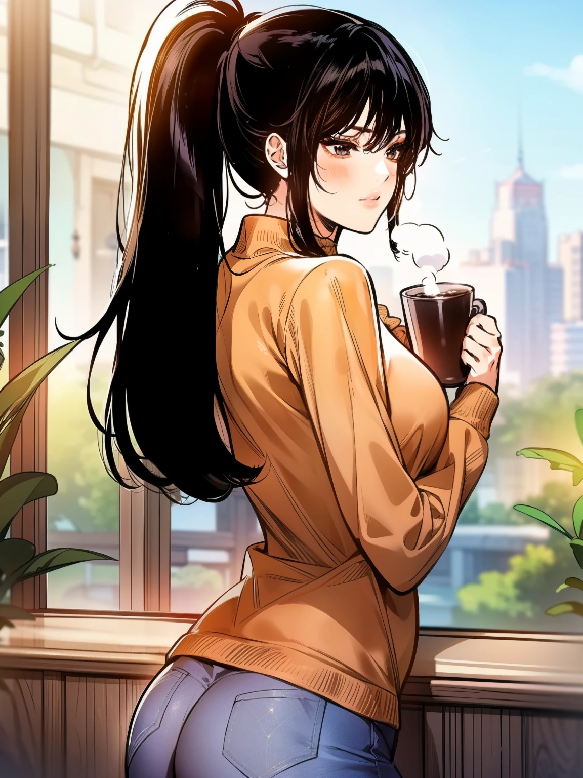 A young woman with long, black ponytail hair cascading over her shoulders, and black eyes that radiate kindness. She is wearing a cozy red sweater, slightly oversized, with the sleeves gently rolled up. The sweater hugs her figure in a casual yet elegant way. She pairs it with light blue jeans and simple white sneakers for a relaxed look. She stands on a charming balcony at sunset, holding a steaming cup of coffee in one hand. Her soft smile adds warmth to the scene. The background features potted plants, a small table with an open book, and a glowing city skyline bathed in golden-orange light. Manhwa style, My landlady noona style, super fine face, super fine nose, super fine mouth, super fine fingers, super fine body, super fine hand, perfect body, golden ratio, good shape, muscular, super realistic, red sweater, super detailed